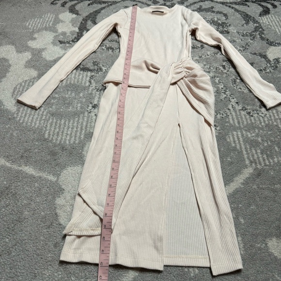 VICI Oatmeal Cream Ribbed Long Sleeve Maxi Slit Tie Waist T-shirt Dress - Picture 6 of 7